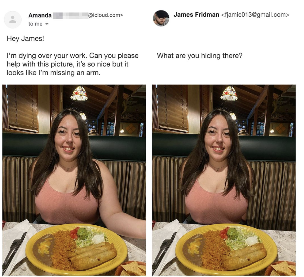 A woman with long dark hair is sitting at a restaurant table, smiling at the camera. In the altered image, her previously missing right arm is resting on the table. She has a plate of food with a taco, rice, beans, and guacamole in front of her.