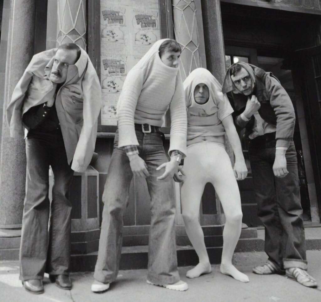 A black and white photo of four individuals standing in front of a building. They have their jackets pulled over their heads, giving them a hunched, humorous appearance. Each person has their hands dangling loosely, adding to the comedic effect.