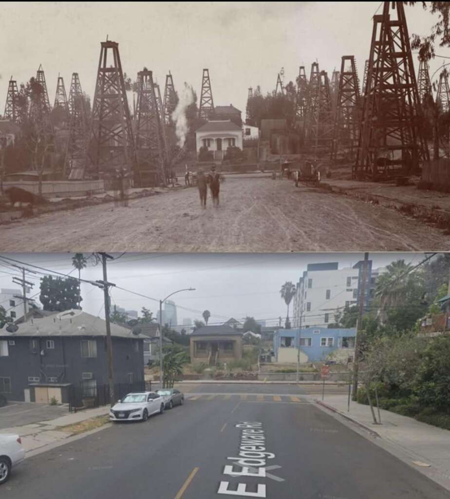 A split image showing the same location in different eras. The top is a historic photo of a street with oil derricks and a few people walking. The bottom is a modern photo of the same street, now lined with houses, cars, and greenery.