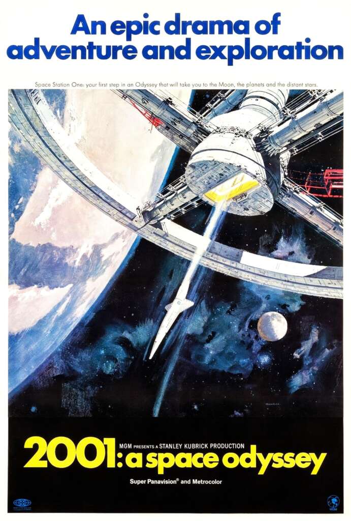 A vintage movie poster with the text "An epic drama of adventure and exploration" at the top, an illustration of a space station and spaceship in space, and the title "2001: a space odyssey" at the bottom, along with production credits and logos.