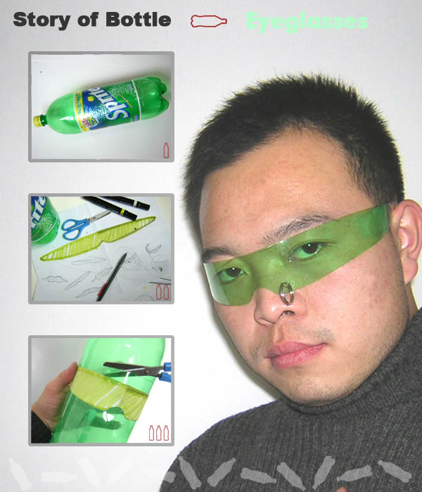 A man wears eyeglasses made from a repurposed green plastic bottle. The image shows the step-by-step process: cutting the bottle horizontally, shaping it with scissors, and fitting it to his face. The title "Story of Bottle" and "Eyeglasses" are visible at the top.