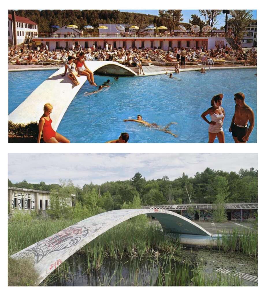 A two-part image showing a contrasting scene of the same location. The top part depicts a crowded, vibrant outdoor pool area from a past era, with people sunbathing and swimming. The bottom part shows the same location in a state of decay, with overgrown vegetation and a derelict pool.