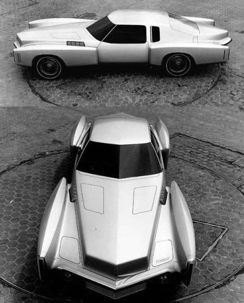 Black and white image showcasing two views of a futuristic concept car from the 1970s. The top view shows the car's side profile, highlighting its sleek design and gull-wing doors. The bottom view presents a front perspective, emphasizing its sharp angles and streamlined body.