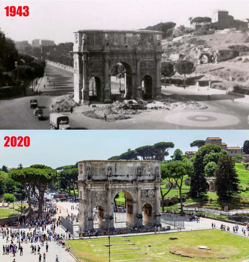 A side-by-side comparison of the Arch of Constantine in Rome, Italy. The top image from 1943 shows the arch with a few cars around and sparse surroundings. The bottom image from 2020 depicts the same arch bustling with tourists and lush greenery around.