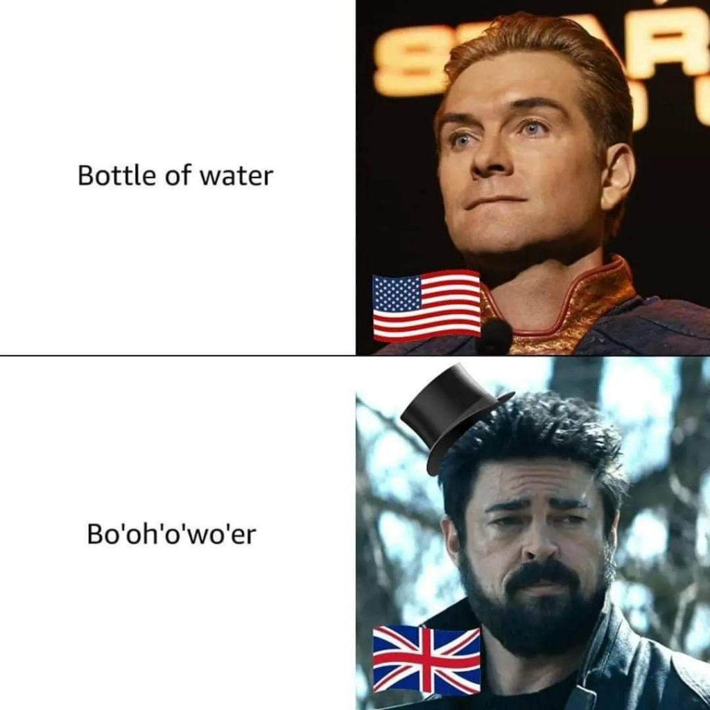 Top image shows a serious-looking man with blond hair and an American flag emoji beside him, captioned "Bottle of water." Bottom image shows a man with dark hair, a beard, and a top hat with a British flag emoji beside him, captioned "Bo'oh'o'wo'er.