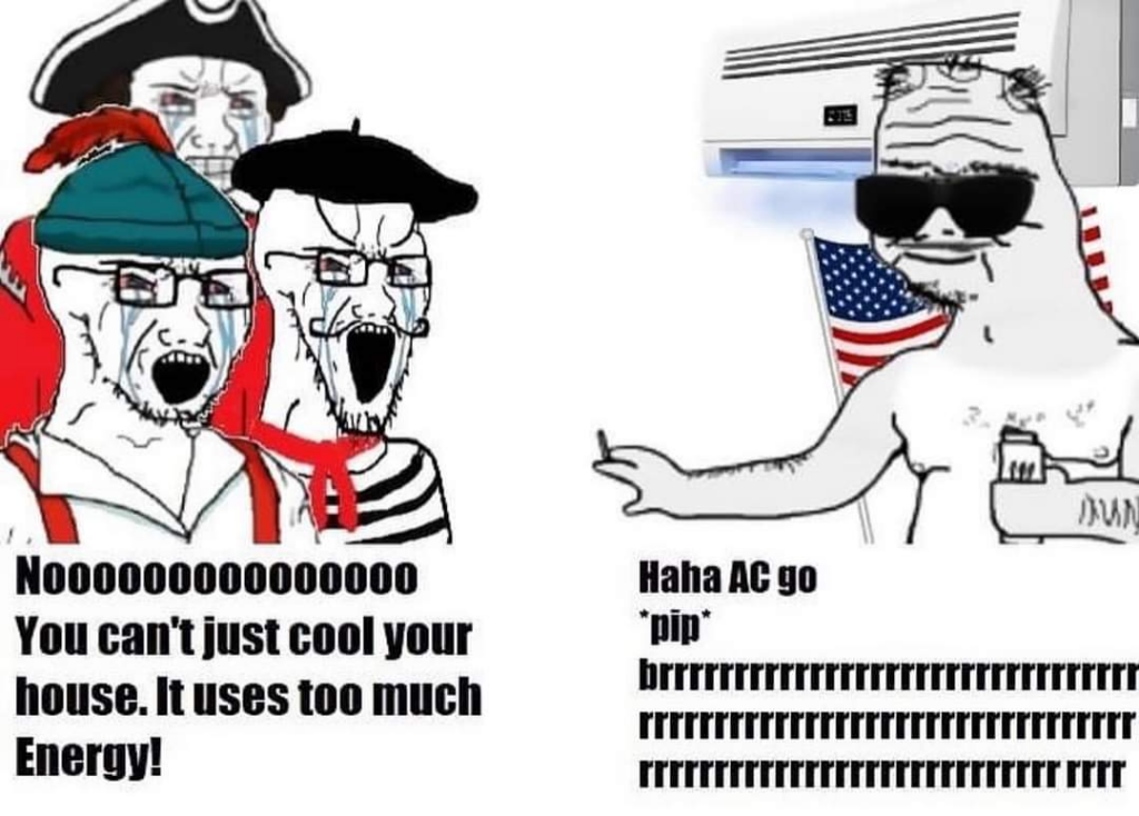 A meme depicting three distressed cartoon characters, one dressed as a pirate, one in a beret and French stripes, and the third in glasses, saying "Nooo! You can't just cool your house. It uses too much energy!" A relaxed character replies, "Haha AC go *pip* brrrrrrr.