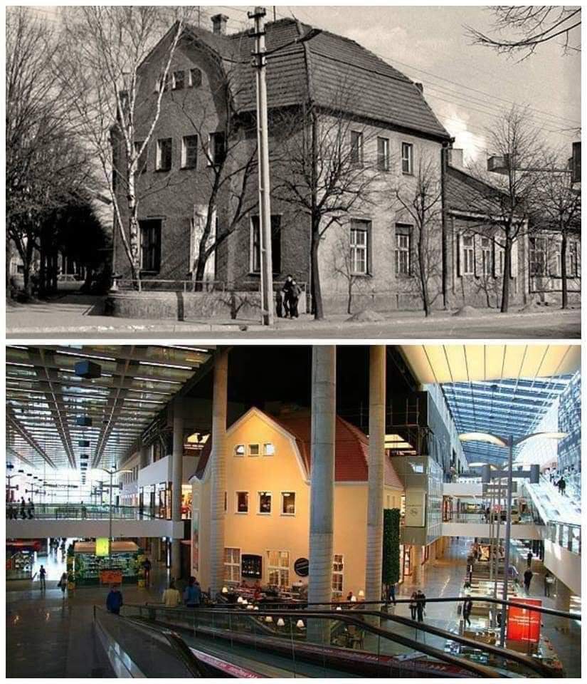 A black and white photo of an old gabled-roof brick building with leafless trees is shown in the top half. The bottom half shows the same building now enclosed within a modern shopping mall, surrounded by escalators and indoor lighting.