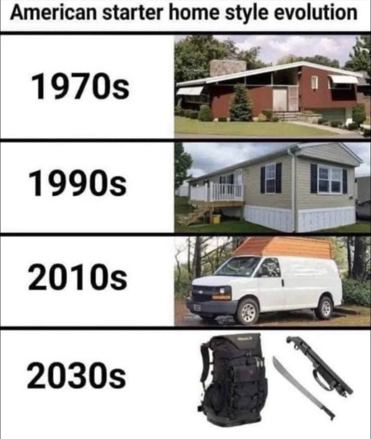 A meme illustrating the evolution of American starter homes over the decades: a typical house from the 1970s, a manufactured home from the 1990s, a van from the 2010s, and for the 2030s a backpack, crowbar, and knife implying homelessness.