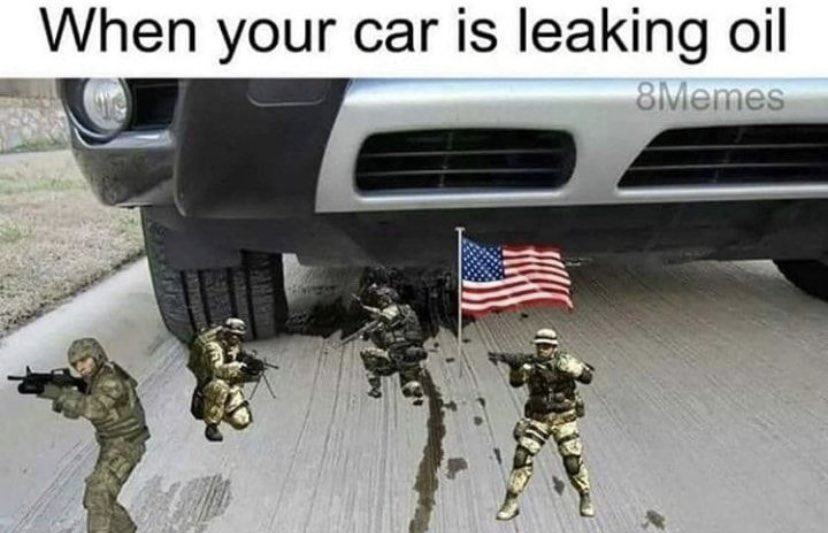A humorous image showing toy soldiers in military uniforms aiming their weapons at a spot under a car where oil is leaking. One soldier is placing a small American flag next to the oil spill. The text above reads, "When your car is leaking oil.