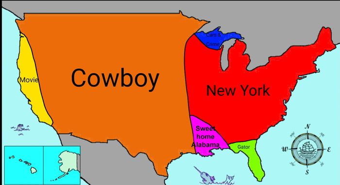A colorful, map-themed image shows the United States divided into regions with humorous labels. The western states are labeled "Cowboy," the northeastern area as "New York," the southeastern part as "Sweet home Alabama," and surrounding regions with various playful names.