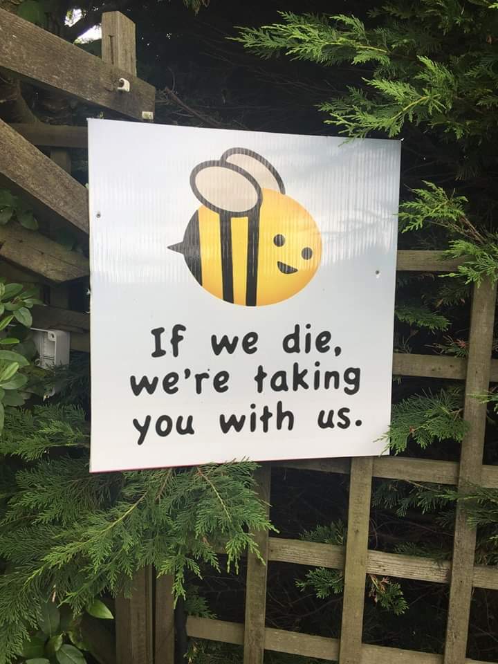 A sign attached to a wooden fence surrounded by green foliage features a cute illustration of a bee and the text, "If we die, we’re taking you with us.
