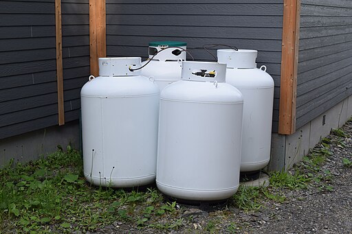 Four large white propane tanks are placed outside against a building with dark siding. Green grass and small plants grow around the base of the tanks on a gravel surface. The tanks have black hoses connected to them.