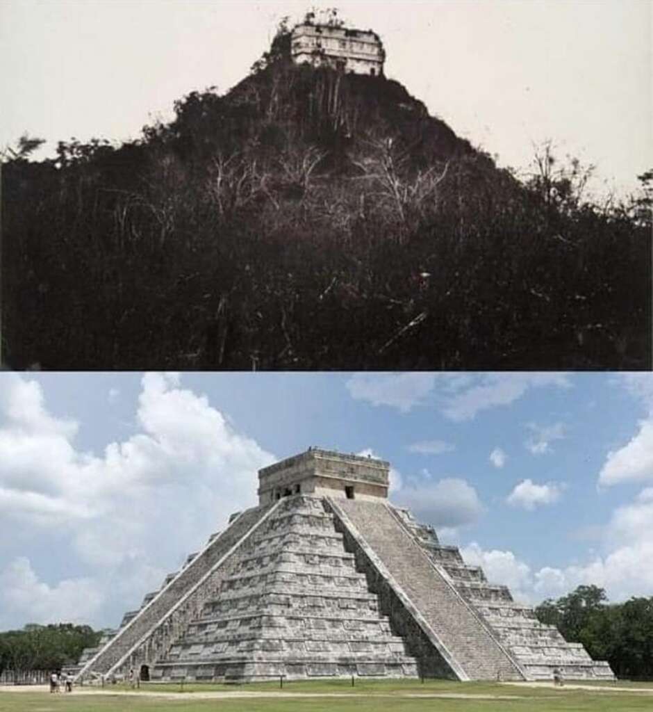 Two side-by-side images depict a pyramid: the first (top) shows the structure covered in dense vegetation, partially buried and obscured, while the second (bottom) reveals a restored and fully visible pyramid with clear, defined steps under a bright, cloudy sky.