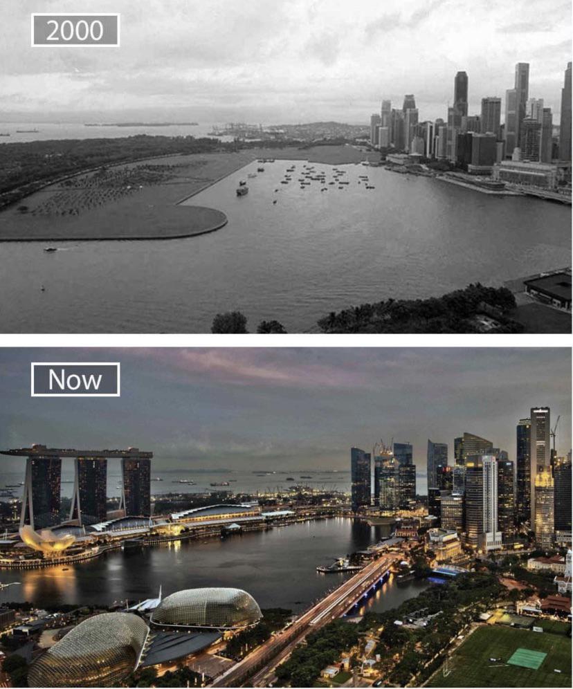 Top image labeled "2000" shows a less developed cityscape with a few skyscrapers and boats on the water. Bottom image labeled "Now" depicts the same location with a highly developed, illuminated skyline including Marina Bay Sands, arts structures, and more skyscrapers.