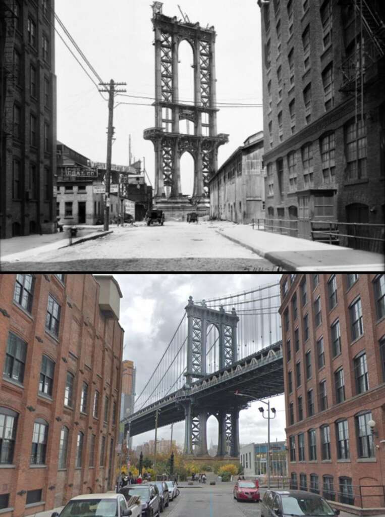 A black-and-white photo above and a color photo below show different time periods of a street view towards the Manhattan Bridge in New York City. The top image shows the bridge under construction, while the bottom image shows the fully completed bridge with modern surroundings.