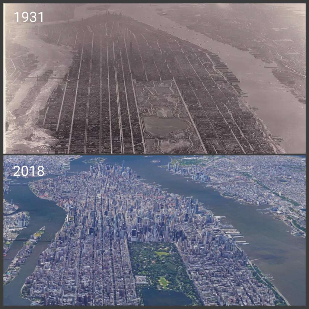 Two aerial images of Manhattan, New York City are shown side by side. The top image is labeled "1931" and shows a less developed cityscape with visible building growth and open spaces. The bottom image, labeled "2018," depicts a densely built and urbanized skyline.