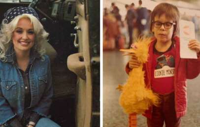 A composite image featuring two separate photos: the left shows a smiling woman with blonde hair in a denim jacket and bandana, and the right shows a young child with glasses holding a yellow stuffed bird and a piece of paper, wearing a "Cookie Monster" shirt.