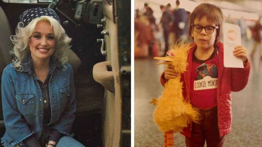 A composite image featuring two separate photos: the left shows a smiling woman with blonde hair in a denim jacket and bandana, and the right shows a young child with glasses holding a yellow stuffed bird and a piece of paper, wearing a "Cookie Monster" shirt.
