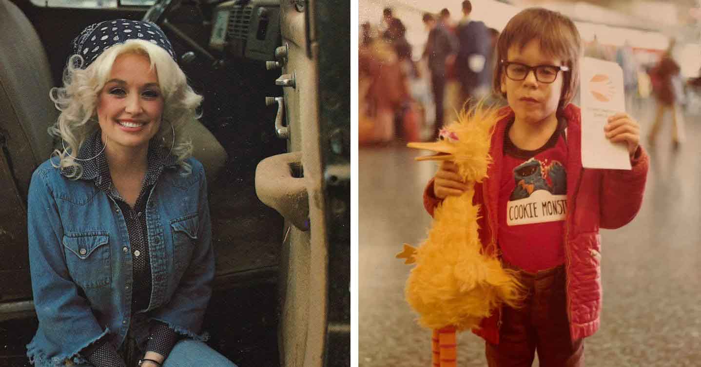 A composite image featuring two separate photos: the left shows a smiling woman with blonde hair in a denim jacket and bandana, and the right shows a young child with glasses holding a yellow stuffed bird and a piece of paper, wearing a "Cookie Monster" shirt.