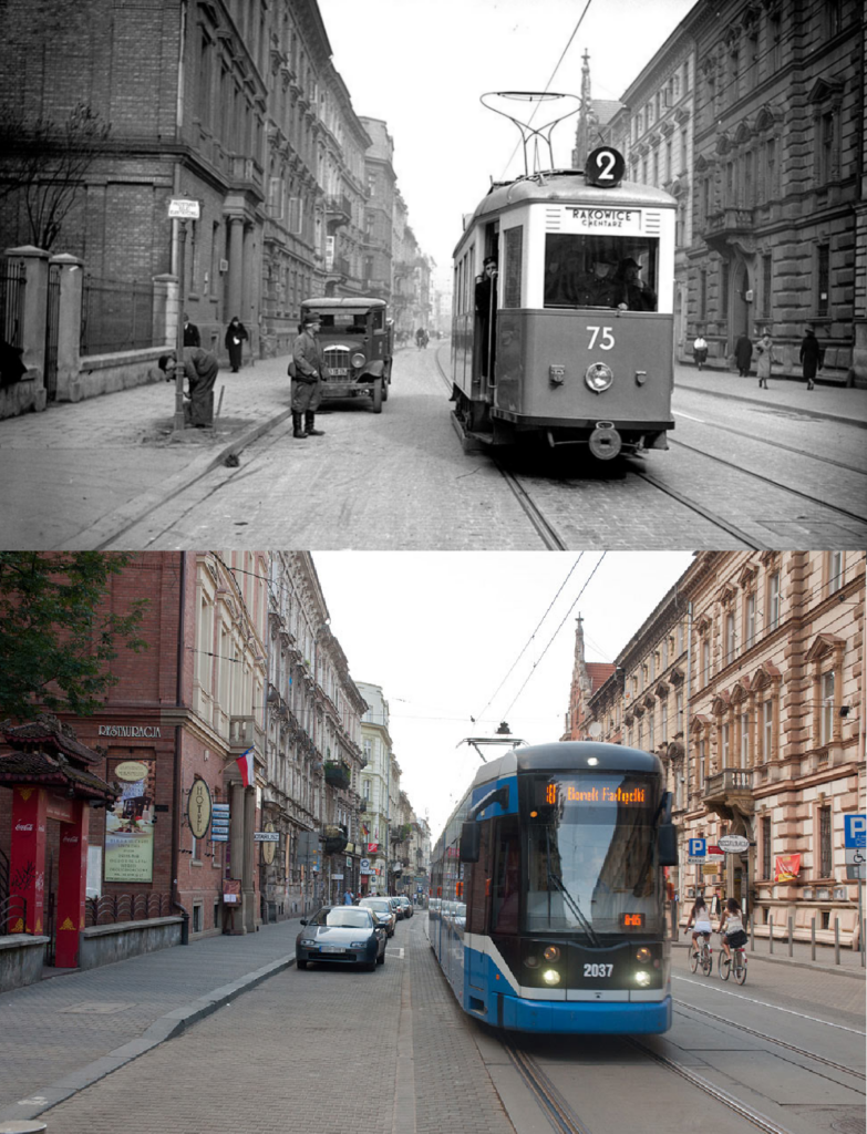 Two photos show the same street in different eras. The top image, in black and white, depicts an old tram and vintage cars with people walking. The bottom image, in color, features a modern tram and contemporary vehicles on the same street, now more developed.