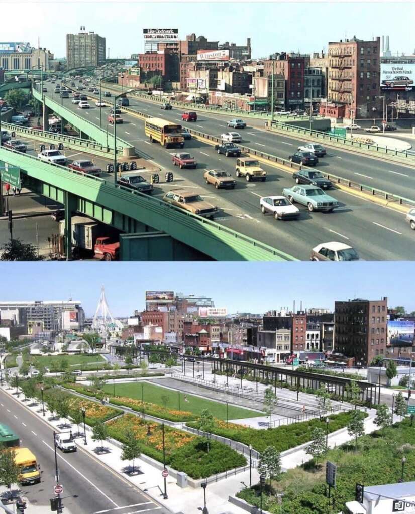 The image shows a side-by-side comparison of an urban area. The top part depicts a busy elevated highway surrounded by buildings. The bottom part shows the same area transformed into a green park with trees, walkways, and an open, traffic-free space.