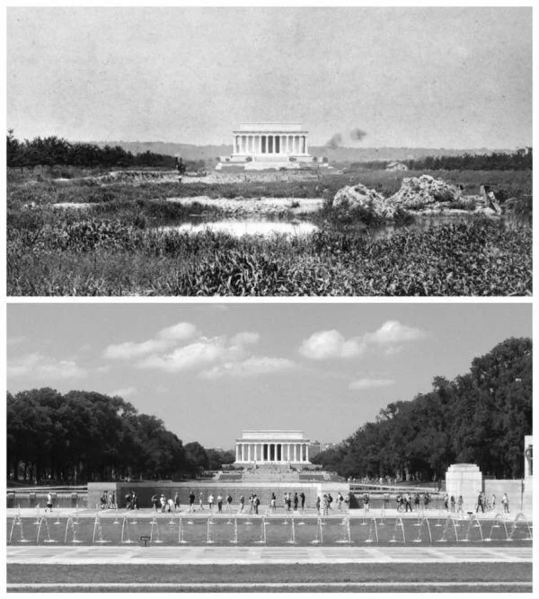 A historic photo comparison shows the Lincoln Memorial in Washington, D.C. The top black-and-white image captures the site around 1917 with sparse surroundings, while the bottom recent image shows the memorial surrounded by greenery and tourists.