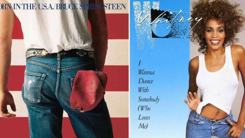 The image shows two album covers. The left one, "Born in the USA" by Bruce Springsteen, features someone in jeans holding a red cap with their back to the camera in front of an American flag. The right one, "Whitney" by Whitney Houston, shows her smiling in a white tank top and jeans.