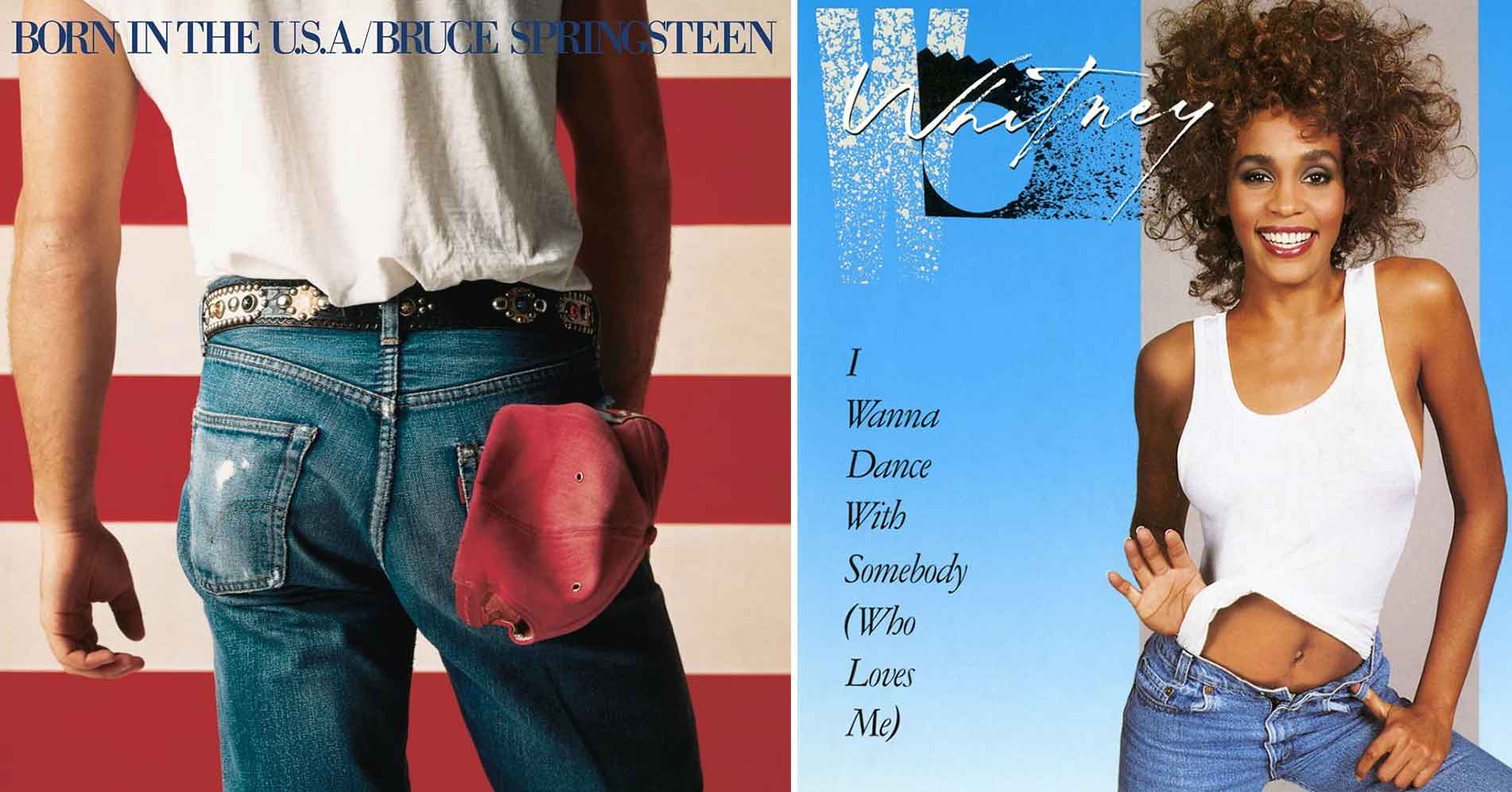 The image shows two album covers. The left one, "Born in the USA" by Bruce Springsteen, features someone in jeans holding a red cap with their back to the camera in front of an American flag. The right one, "Whitney" by Whitney Houston, shows her smiling in a white tank top and jeans.