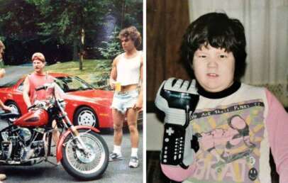 Two-photo collage. On the left, three people with 80s haircuts and attire stand by a red motorcycle and sports car, outdoors. On the right, a child wearing a Power Glove controller and graphic T-shirt holds up their hand indoors, smiling at the camera.