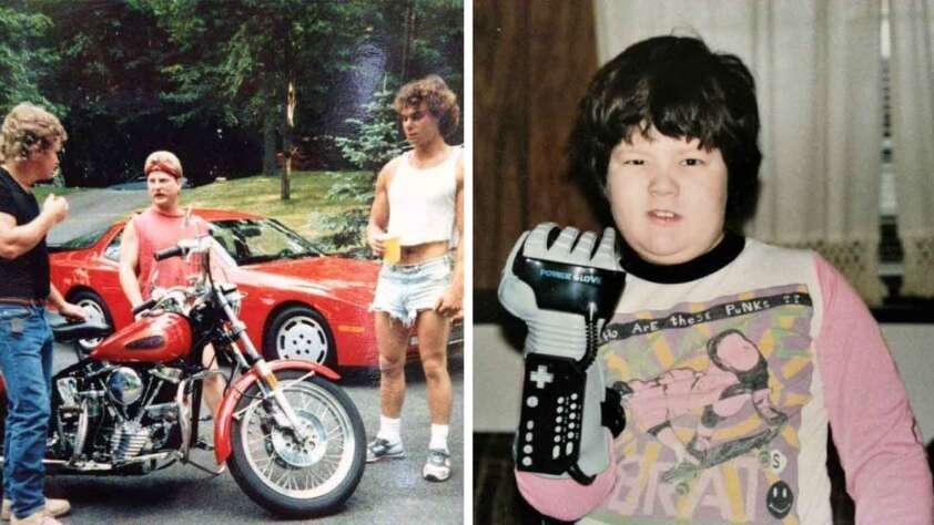 Two-photo collage. On the left, three people with 80s haircuts and attire stand by a red motorcycle and sports car, outdoors. On the right, a child wearing a Power Glove controller and graphic T-shirt holds up their hand indoors, smiling at the camera.