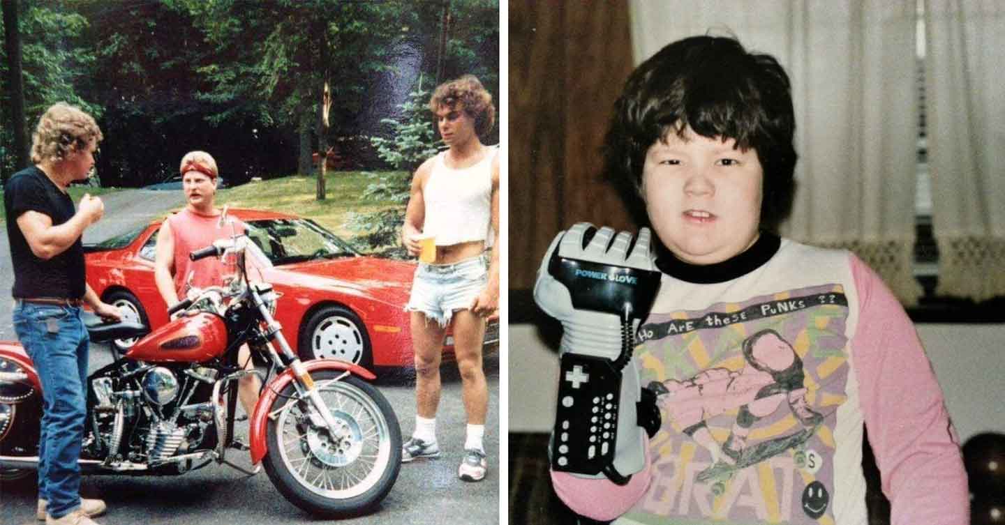 Two-photo collage. On the left, three people with 80s haircuts and attire stand by a red motorcycle and sports car, outdoors. On the right, a child wearing a Power Glove controller and graphic T-shirt holds up their hand indoors, smiling at the camera.