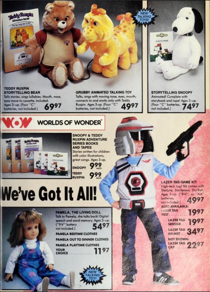 A vintage toy catalog page features Teddy Ruxpin and Grubby animated talking toys, Storytelling Snoopy, Pamela the Living Doll, and a Lazer Tag game kit with a child model in gear. Prices and brief descriptions accompany each item.