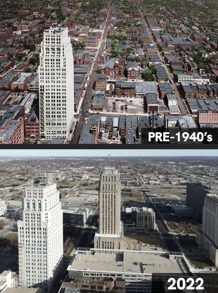 A comparison of Kansas City in two different time periods: the upper image shows a city view from pre-1940s with a tall, white skyscraper and densely packed buildings; the lower image shows the same location in 2022 with modern buildings and surrounding areas.