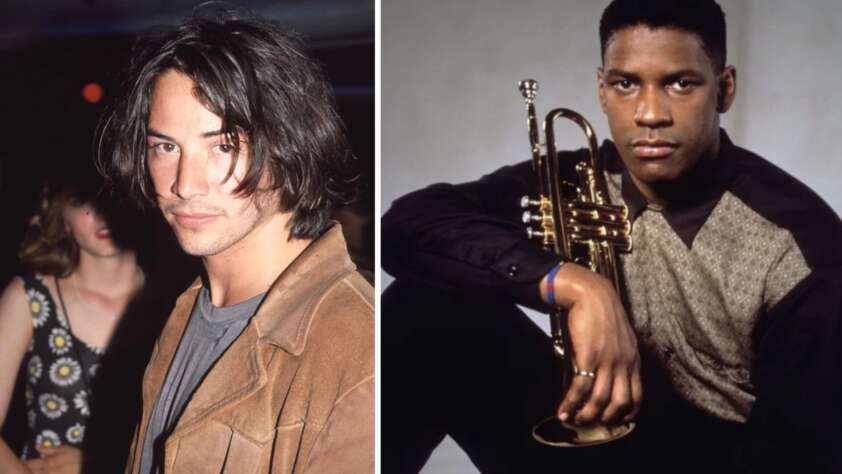 On the left, a man with shoulder-length dark hair and a leather jacket stands, gazing at the camera. On the right, another man sits holding a trumpet, wearing a dark shirt with a patterned front, looking directly into the lens.