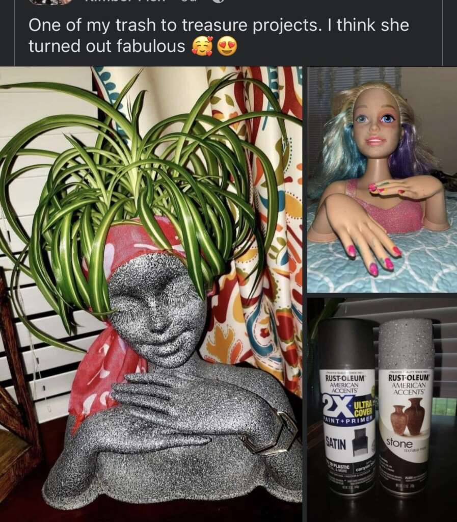 A creative project combining a doll and a flower pot. The left half shows a head planter with a plant as hair, wearing a pink bandana. The right half shows a doll head and torso painted silver, and below it are cans of spray paint used for the transformation.