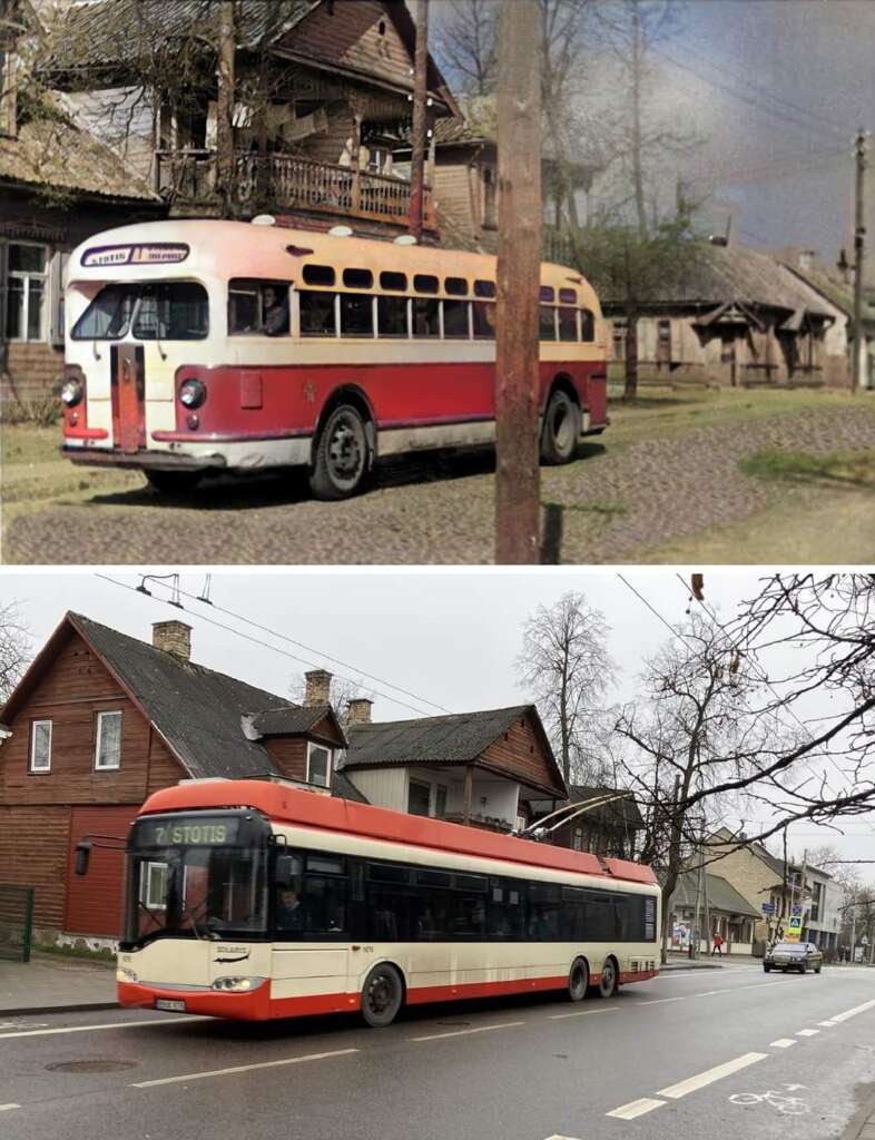 This split-image shows two buses on the same street in different eras. The top half features a vintage bus with a cream and orange color scheme in an old setting. The bottom half shows a modern bus with similar colors in a contemporary neighborhood.