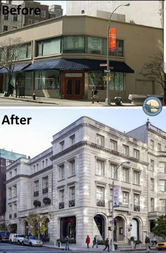 Two comparison images show a building before and after renovation. The "Before" image features a modern, two-story structure with large windows and a flat roof. The "After" image shows a grand, multi-story, classical-style building with ornate details.