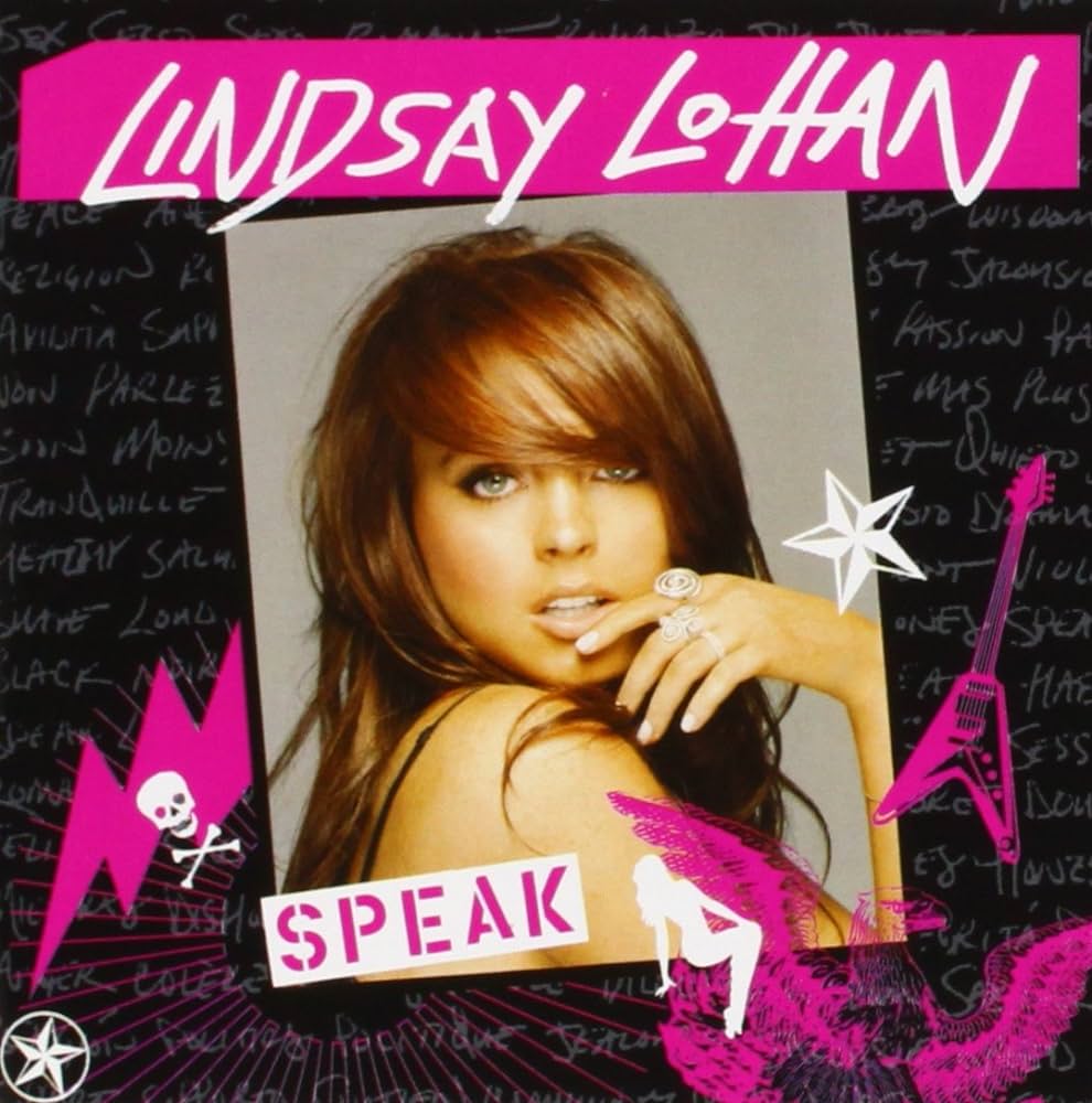 Album cover titled "Speak" featuring a person with long, brown hair posing against a gray background. The name "Lindsay Lohan" is written at the top in pink, and various graphics including stars, lightning bolts, and a guitar decorate the cover.