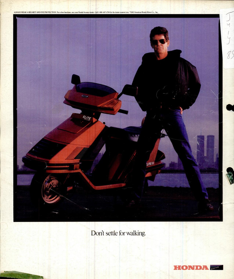 A man wearing sunglasses and a black jacket leans against a red Honda Elite CH-150D scooter, with a city skyline visible in the background during twilight. Text at the bottom reads, "Don't settle for walking." The Honda logo is at the bottom right.