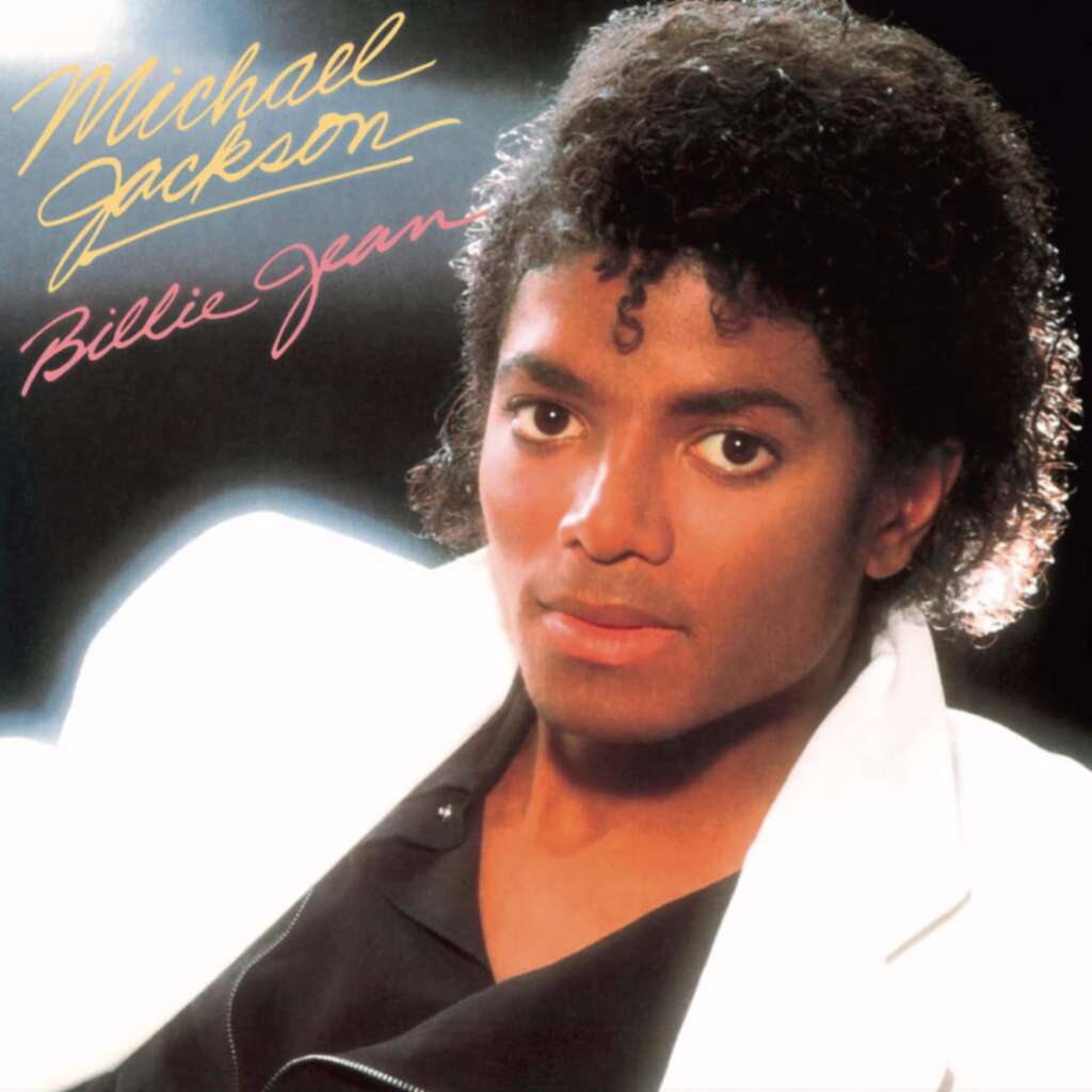 Album cover of "Billie Jean" by Michael Jackson. The cover features a portrait of Michael Jackson against a black background, dressed in a white jacket with dark clothing underneath. His name and the song title are written in cursive yellow and pink text.