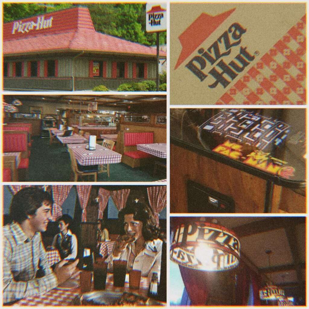 A nostalgic collage of a retro Pizza Hut. Images include the exterior, interior with checkered tablecloths, an arcade game, a Pizza Hut table lamp, and people dining. The ambiance evokes a vintage, cozy feel reminiscent of past decades.