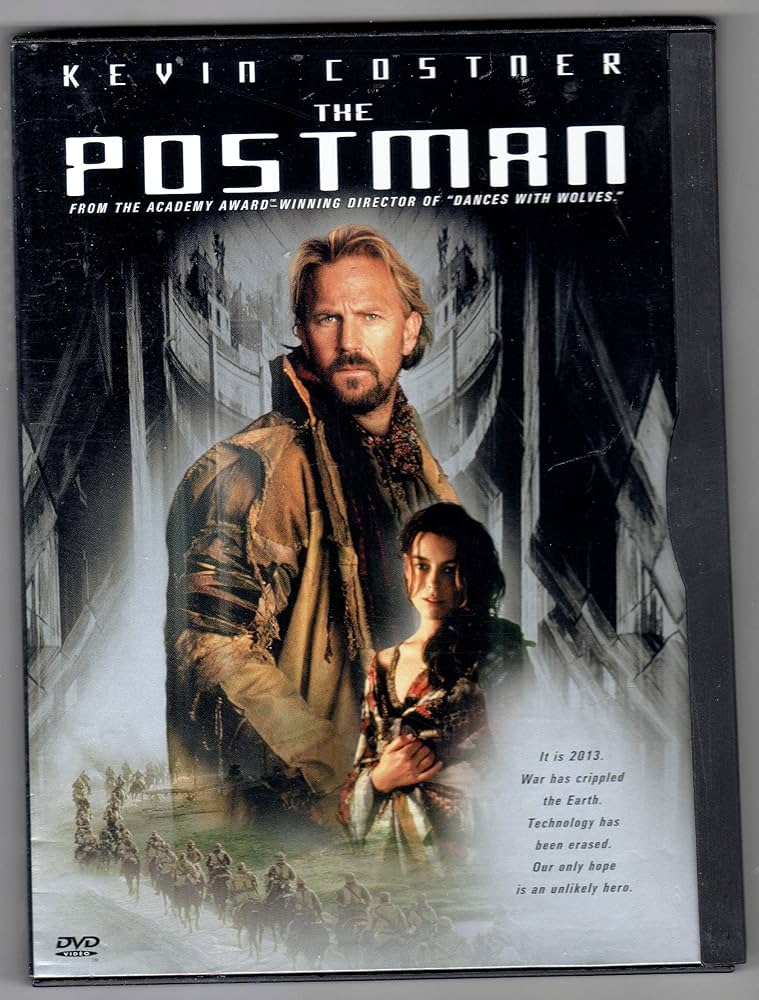 DVD cover of the movie "The Postman" featuring a man with a beard and long coat (actor Kevin Costner) standing with a serious expression. Below him is a woman dressed in period clothing. The background shows a dystopian landscape with the text "KEVIN COSTNER THE POSTMAN" at the top.