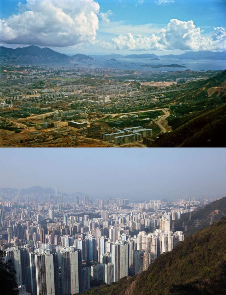 Two side-by-side panoramic images show the transformation of Hong Kong’s skyline over several decades. The top image depicts a sparsely populated landscape with limited high-rise buildings, while the bottom image shows a dense urban area with numerous high-rise buildings.