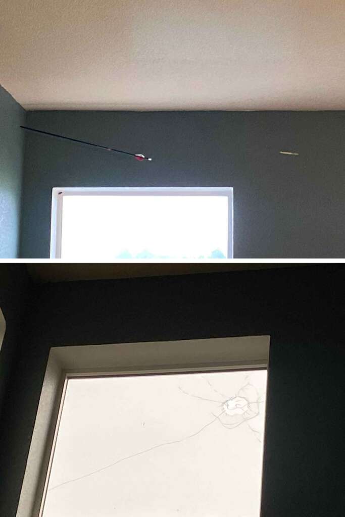 Two photos of a window in a room with blue-green walls. In the first image, an arrow is lodged into the wall near the window. In the second image, a close-up of the window shows cracked glass. The cracks seem to form a star-shaped pattern.