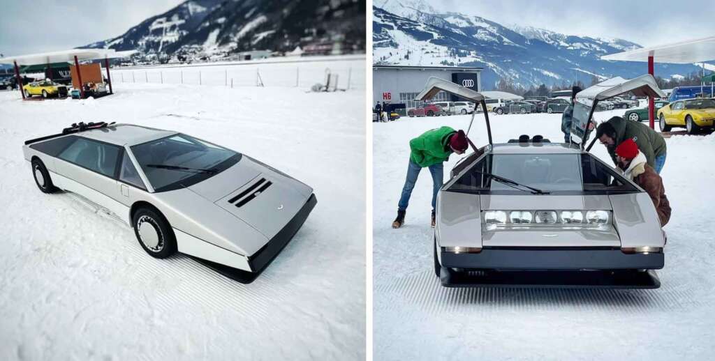 A unique white wedge-shaped sports car with a sleek, futuristic design is shown in a snowy, mountainous setting. The two images feature the car from different angles: one highlights its side profile, and the other shows its front with open doors, and two people inspecting it.