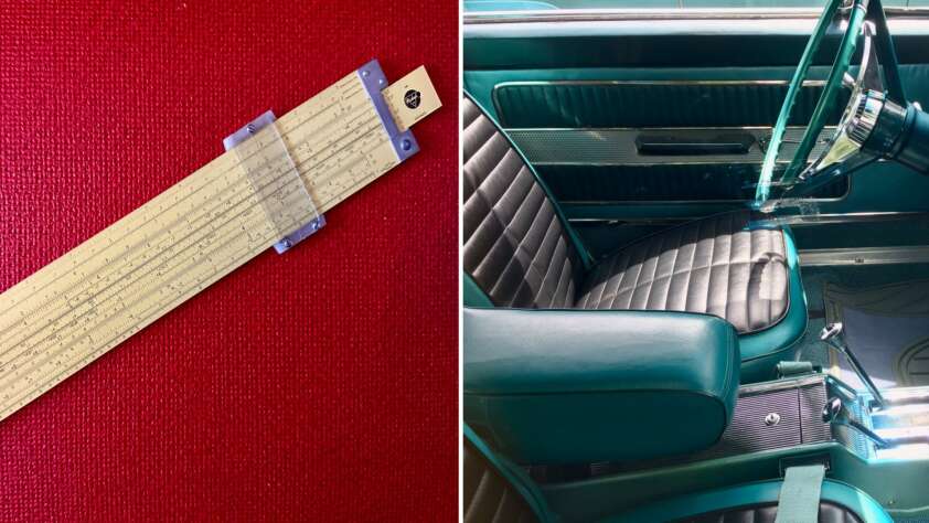 A composite image with two photos. The left shows a vintage slide rule with a transparent cursor, lying on a red textured surface. The right shows the interior of a classic car with teal upholstery, including the driver's seat, steering wheel, and door panel.