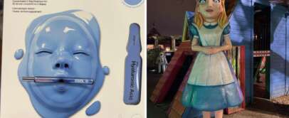 Split image: Left shows Cryo Rubber Moisture Mask packaging with a blue rubber face mask, a tube of Hyaluronic acid, and branded text. Right depicts a statue of a blonde girl in a blue and white dress, hands folded, standing in front of colorful wooden structures.