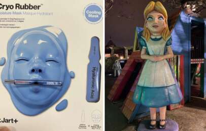 Split image: Left shows Cryo Rubber Moisture Mask packaging with a blue rubber face mask, a tube of Hyaluronic acid, and branded text. Right depicts a statue of a blonde girl in a blue and white dress, hands folded, standing in front of colorful wooden structures.