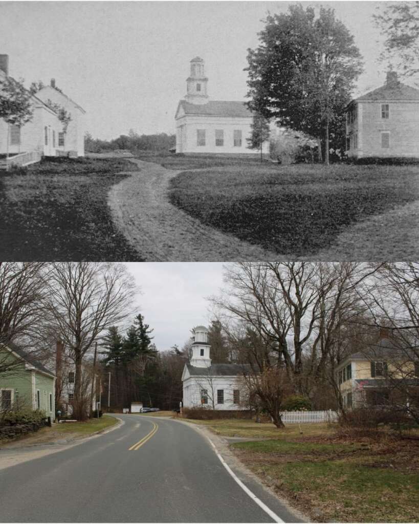 A split image shows a historic church and road scene in rural New England. The top part is an old black-and-white photo of a church with a tree-lined path. The bottom part is a modern color photo, depicting the same church and road with leafless trees and houses.