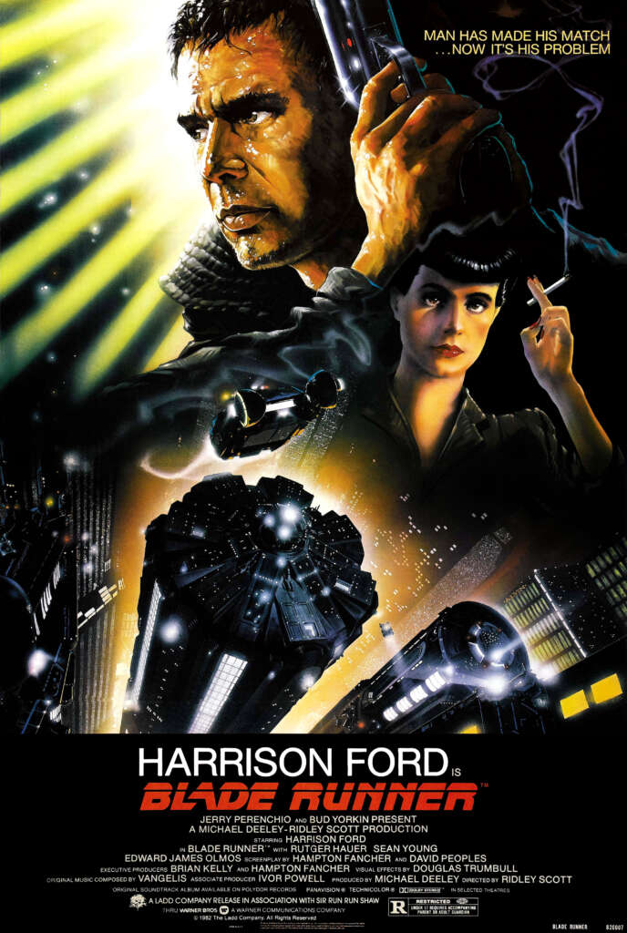 A dramatic movie poster for "Blade Runner" featuring Harrison Ford holding a gun, with futuristic city elements and another character in the background. The text reads, "MAN HAS MADE HIS MATCH... NOW IT'S HIS PROBLEM." The poster is dark with bright light accents.
